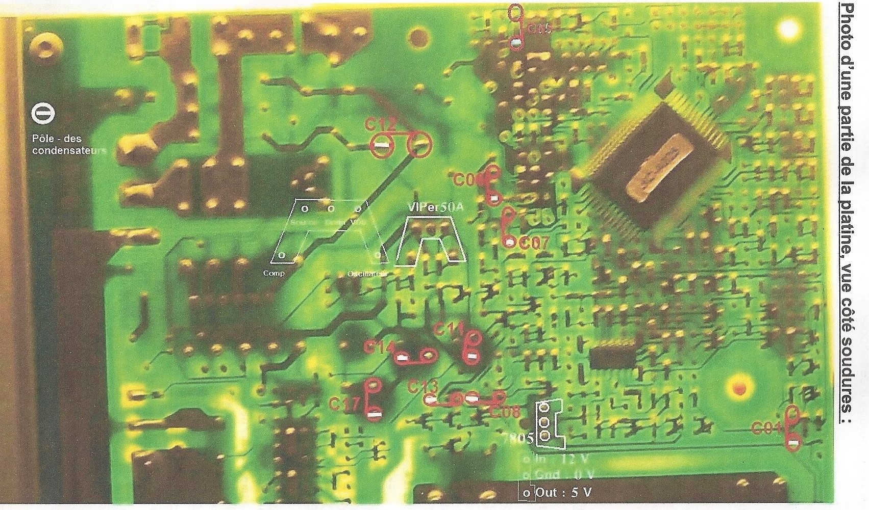 emplacements des condensateurs côté circuit imprimé